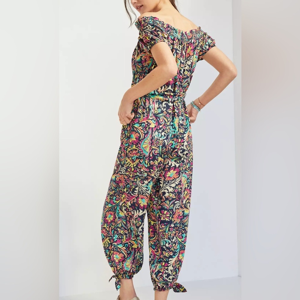 Anthropologie Black Floral Off The Shoulder Jumpsuit Size Medium - Picture 2 of 14